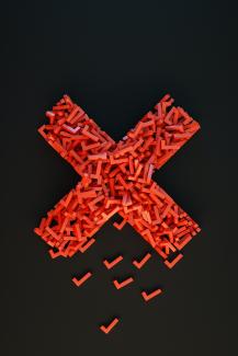 a cross made out of small pieces of red plastic by 愚木混株 cdd20 courtesy of Unsplash.